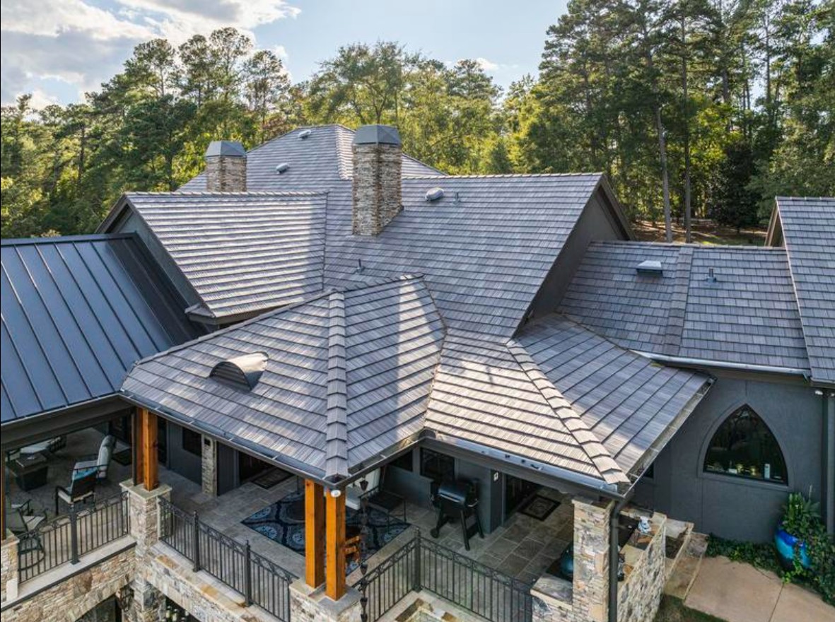 Aerial view of premium home with DaVinci shake roof installation
