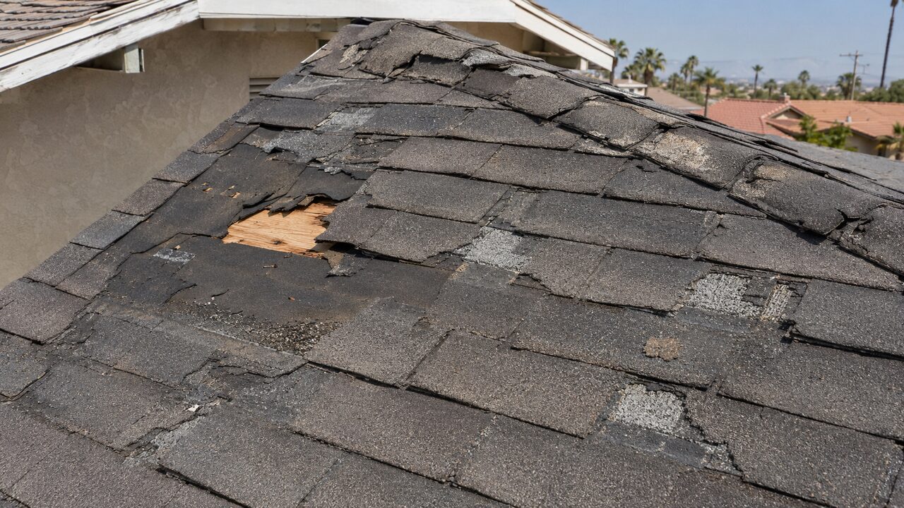 Illustration of a severely aged 3-tab asphalt shingle roof with missing shingles, heavy granule loss, and exposed roof decking